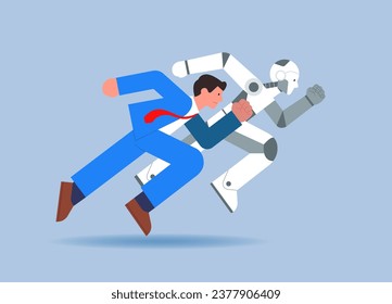 Businessman racing, Man in suit and robot running a race. Artifical intelligence, singularity concept. Flat vector illustration.