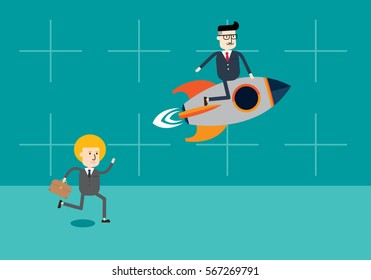 Businessman racing with a businessman on rocket, Business concept of a running.