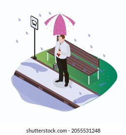 Businessman in rain 3d isometric vector illustration concept for banner, website, landing page, ads, flyer template