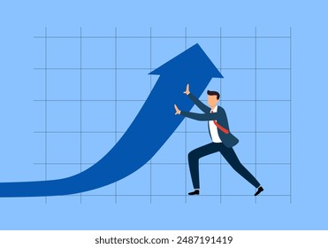 Businessman raise the arrow for success in flat design. Support for business growth. Improve and raising performance concept. income or profit.