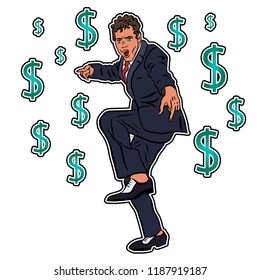 businessman raise hand happy with dollar sign rain fall. freedom concept. illustration of dancing successful businessman. 