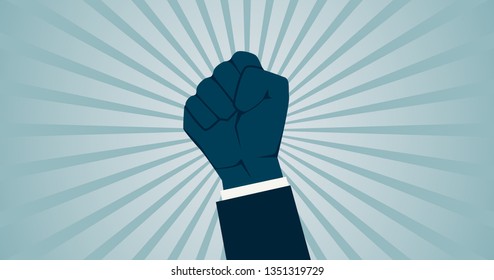 Businessman Raised fist hand protest in flat icon design on widescreen blue color background