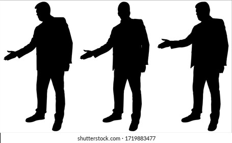 Businessman With A Raised Hand Stand Still. Silhouette Is Isolated On A White. Three Options For One Person With A Raised Hand At Different Heights And With A Head That Looks In Different Directions.