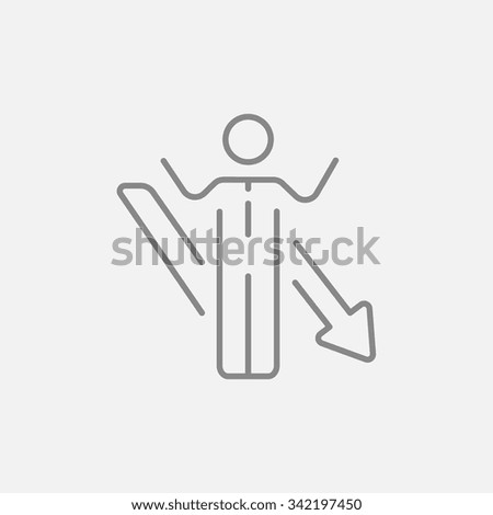 Businessman with raised hands and arrow going down line icon for web, mobile and infographics. Vector dark grey icon isolated on light grey background.