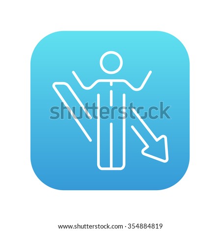 Businessman with raised hands and arrow going down line icon for web, mobile and infographics. Vector white icon on the blue gradient square with rounded corners isolated on white background.