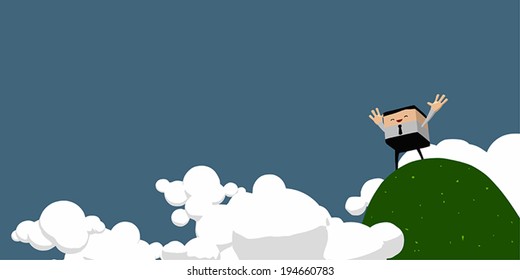 businessman raised hands on the top of mountain, vector illustration