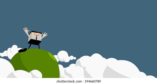 businessman raised hands on the top of mountain, vector illustration