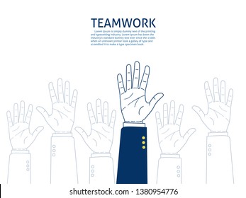 Businessman raised up hands. team work concept. hand drawn style vector doodle design illustrations. - Vector