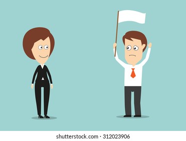 Businessman with raised hands and white flag conceded defeat in conflict with his female boss. Cartoon flat style