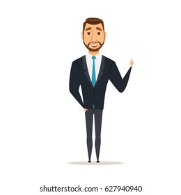Businessman with raised index finger and hand up. A man is standing and smile. Cartoon manager or boss has an idea