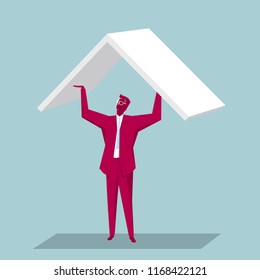 The businessman raised the roof. The background is blue.