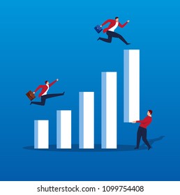 Businessman raises bar chart to make fellow jump higher