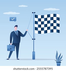 Businessman raises finish flag to the top of flagpole. All tasks completed. Efficient and productive work. Completing project on time and without deadline, proper planning. flat vector illustration