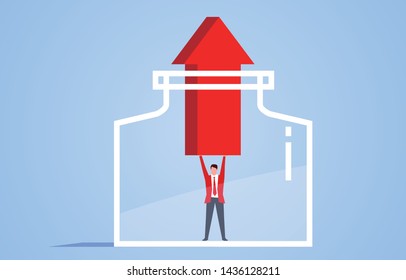 Businessman raises high arrow to break through the bottle