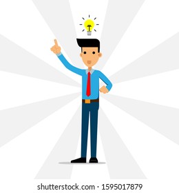 a businessman raises his hand up and a light bulb lights up above his head which illustrates he has a brilliant idea for the continuity of his business