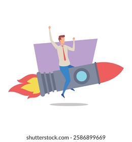 Businessman raising arms in triumph while sitting on colorful rocket. Innovation and progress, excitement and success in business world concept