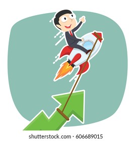 businessman raising graph using rocket