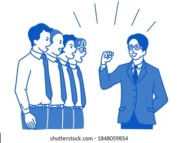 Businessman raising hand, holding fist, and giving speech to encourage his team with cheerful expression. Outline, thin line art, hand drawn sketch design, simple style. 