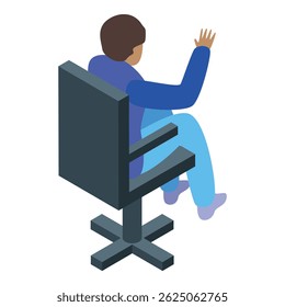 Businessman raising hand while sitting on modern office chair