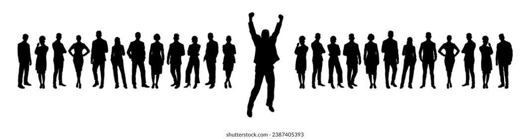 Businessman raising hands and jumping in front of business team silhouette.	