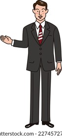 A businessman raising his arm and pointing with his hand to explain