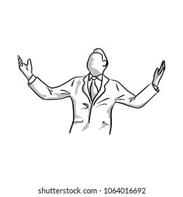 businessman raising his hand with happiness vector illustration sketch hand drawn with black lines isolated on white background