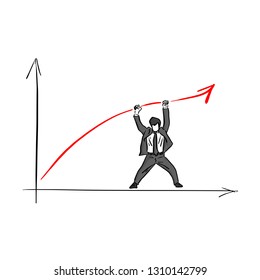 businessman raising the red arrow up with two hands vector illustration with black lines isolated on white background