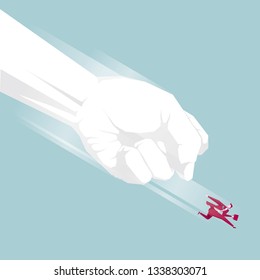 The businessman ran away under the huge fist. Isolated on blue background.