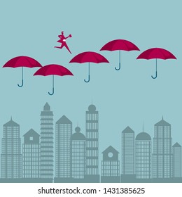 The businessman ran in mid-air. Isolated on blue background.