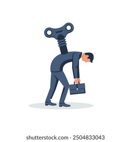 The businessman ran out of battery. Tired worker. Businessman with wind-up key in back. Vector illustration flat design. Isolated on white background.