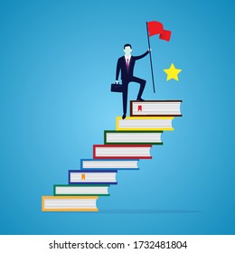 Businessman reach achievement by education. Man conquering top position of books ladder, knowldedge concept