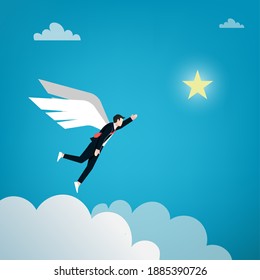 Businessman reach out for the star by using his wings symbol. Business symbol vector illustration