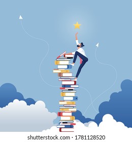 Businessman reach out for the stars by using books as the platform-Describe reach successful in business