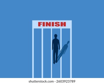 Businessman reaches finish line standing at mission end point