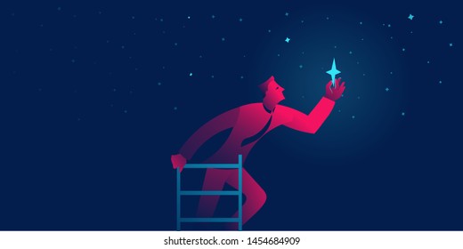 businessman reaches the star. achieving goal business concept vector illustration in red and blue neon gradients