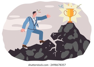 Businessman reaches for trophy, regardless of risk of cliff collapsing and falling down. Business man wants to get gold cup and achieve success in career, taking risks on way to goal