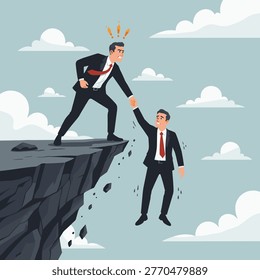 Businessman reaching down to help another man hanging off a cliff edge keywords help, rescue.
