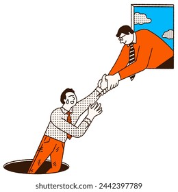 Businessman reaching his hand to help another man from problem or obstacle. Metaphor to support, help, and care concept. Outline, thin line art, hand drawn sketch, ink drawing style.