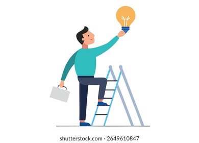 Businessman Reaching for Lightbulb Idea on Ladder, Flat Design, Aspirational Concept