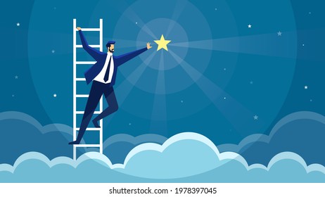 Businessman reaching star. Man climbing ladder and catching star. Business opportunity, goal achievement, success, career growth vector concept. Employee progress and job development