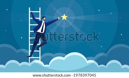 Businessman reaching star. Man climbing ladder and catching star. Business opportunity, goal achievement, success, career growth vector concept. Employee progress and job development