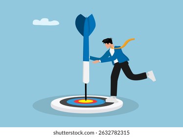Empresário Alcançando o Sucesso ao Atingir Bullseye com o Conceito de Dart Gigante Ilustração de Realização de Objetivos de Negócios, Estratégia Alvo e Sucesso de Liderança na Carreira