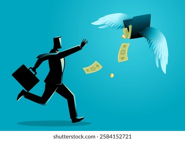 Businessman reaching for a wallet that flies away. Symbolizing financial difficulties, rising expenses, economic crisis, inflation, personal finance struggles, or missed opportunities