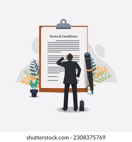 Businessman read and checking form terms and conditions vector illustration