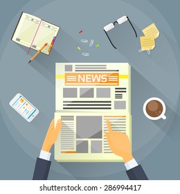 Businessman Read Newspaper, Hands Hold News Paper Desk Office Flat Vector Illustration