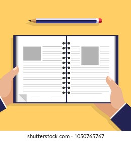 Businessman read note in a notebook, pencil mark, read a contract. Pictured in style of flat design. Stock - vector