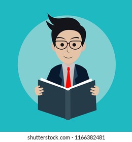 businessman reading a book. education learning concept. creative idea. icon. vector illustration