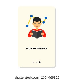 Businessman reading book or learning skill flat icon. Vertical sign or vector illustration of quality management element. Business, management, recruitment, education concept for web design and apps