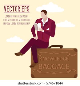 Businessman reading a book sitting on a suitcase knowledge. Baggage knowledge. The development of personal growth. Education of staff. Flat style vector illustration.