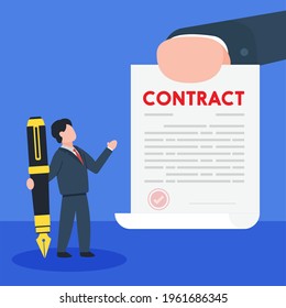Businessman reading contract paper before sign name. The creative concept idea of business deals or job applications. Simple trendy cute vector cartoon character illustration. Flat style graphic icon.